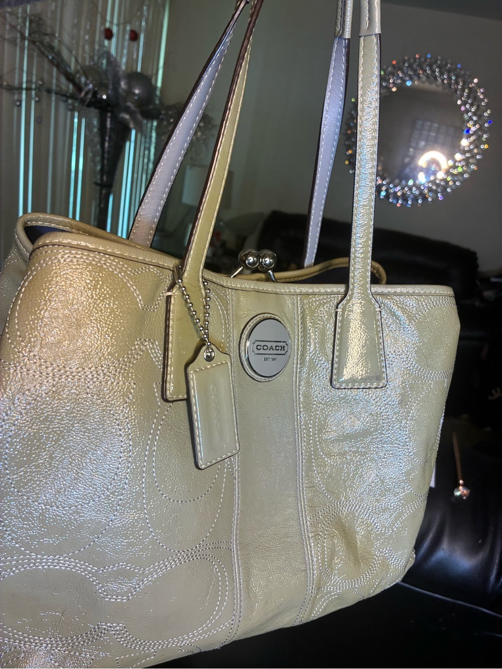 Coach Kiss-lock Patent Leather Tote, khaki Green - Picture 3 of 16